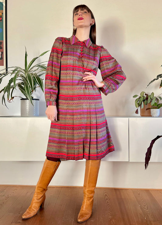 1970's vintage red, purple, khaki and burgundy stripe pleated midi dress