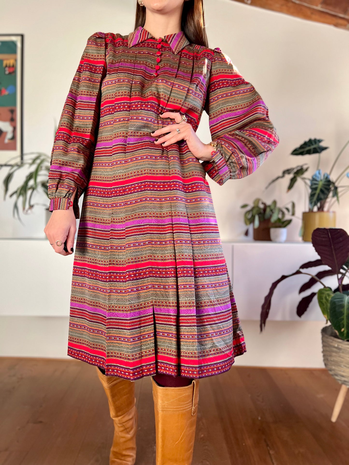 1970's vintage red, purple, khaki and burgundy stripe pleated midi dress