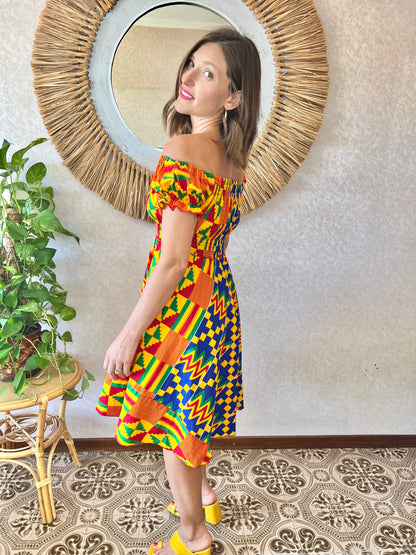 1970's vintage multicolor abstract print off the shoulder mini dress