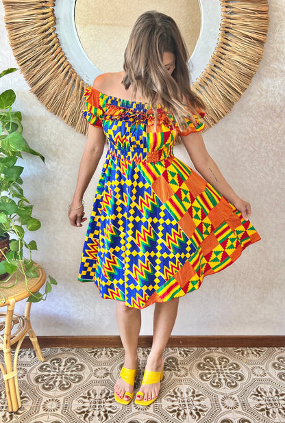 1970's vintage multicolor abstract print off the shoulder mini dress