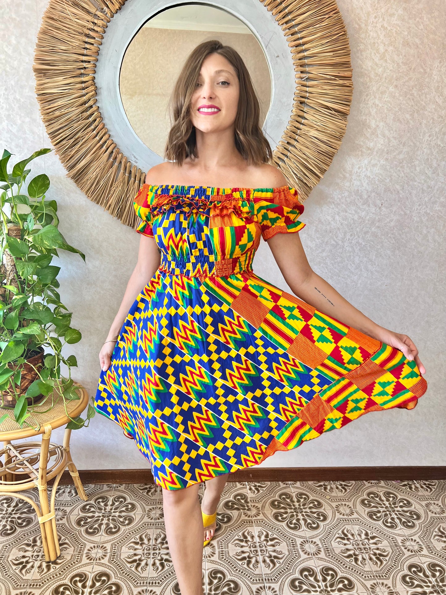 1970's vintage multicolor abstract print off the shoulder mini dress