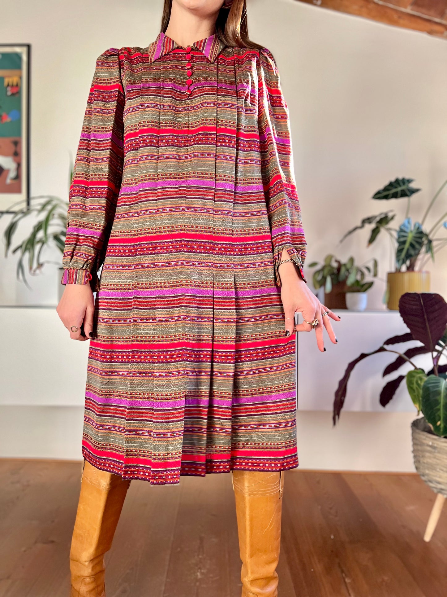 1970's vintage red, purple, khaki and burgundy stripe pleated midi dress