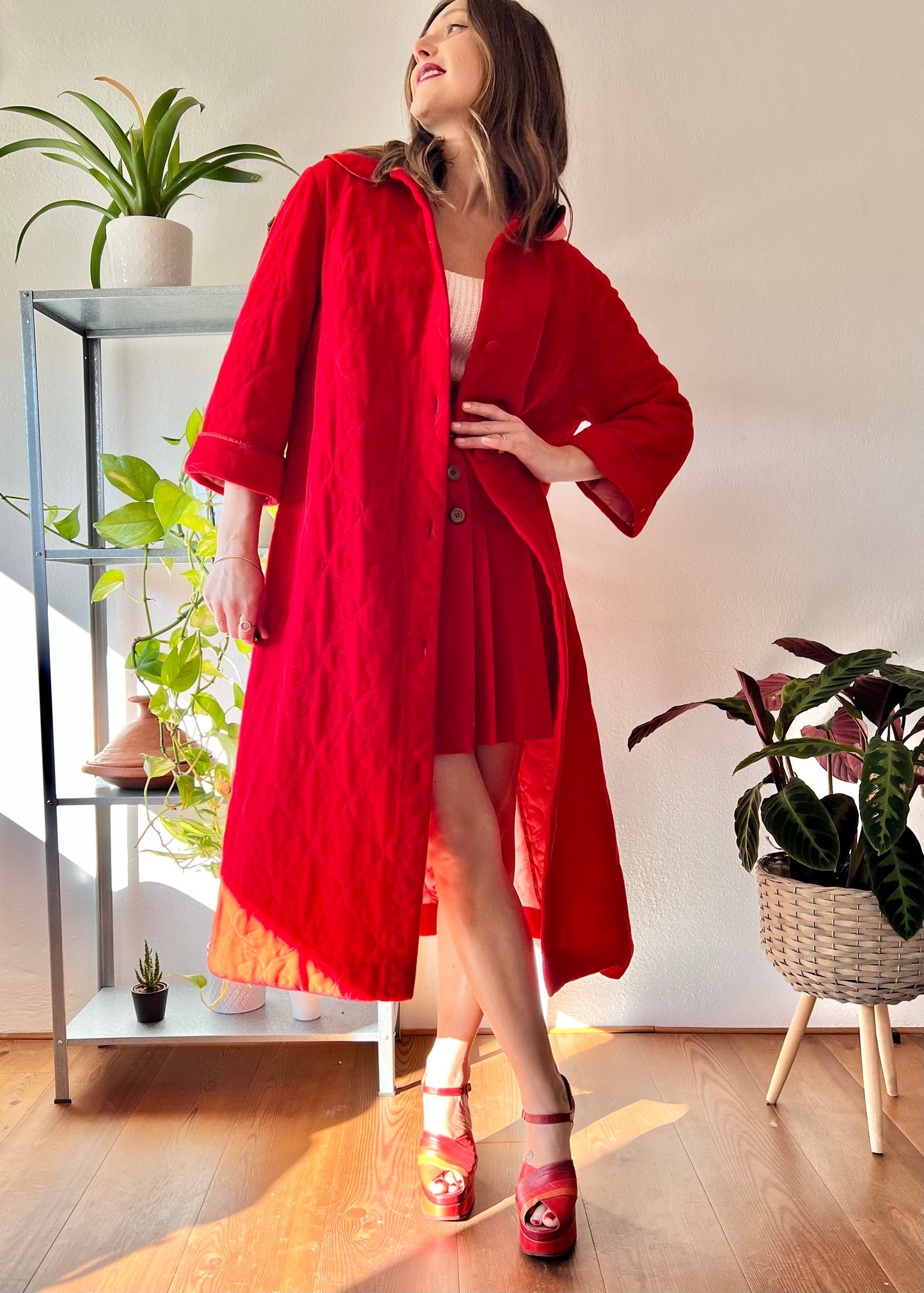 1960's vintage cherry red fleece quilted robe