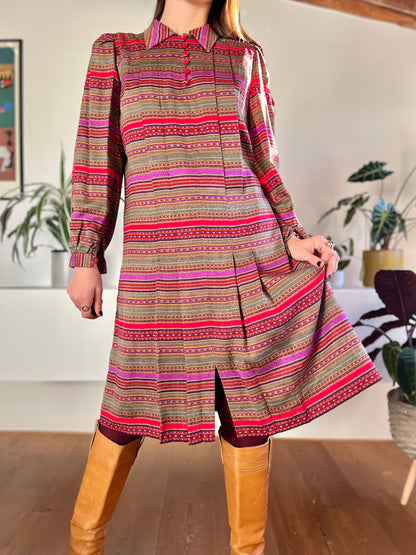 1970's vintage red, purple, khaki and burgundy stripe pleated midi dress