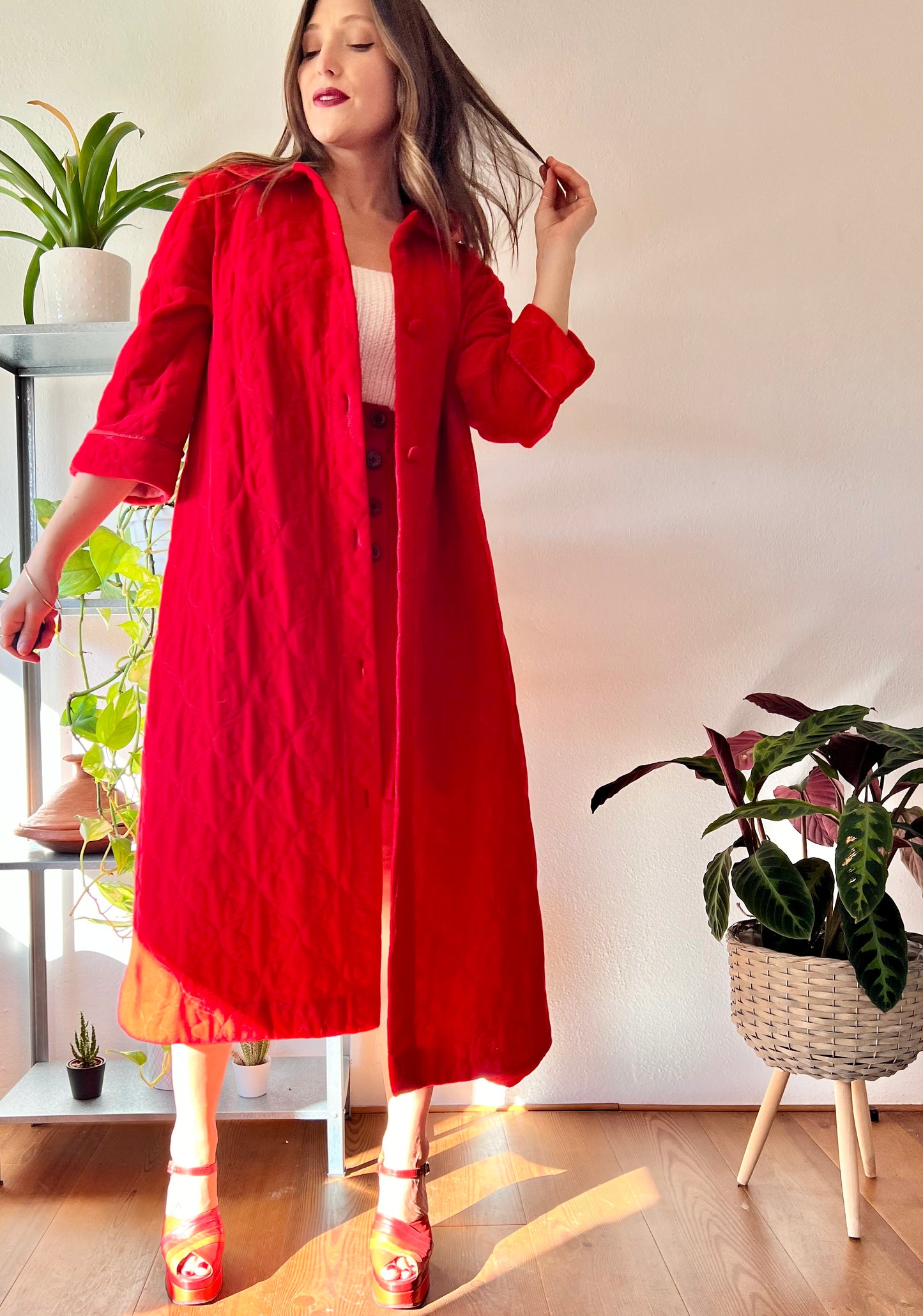 1960's vintage cherry red fleece quilted robe