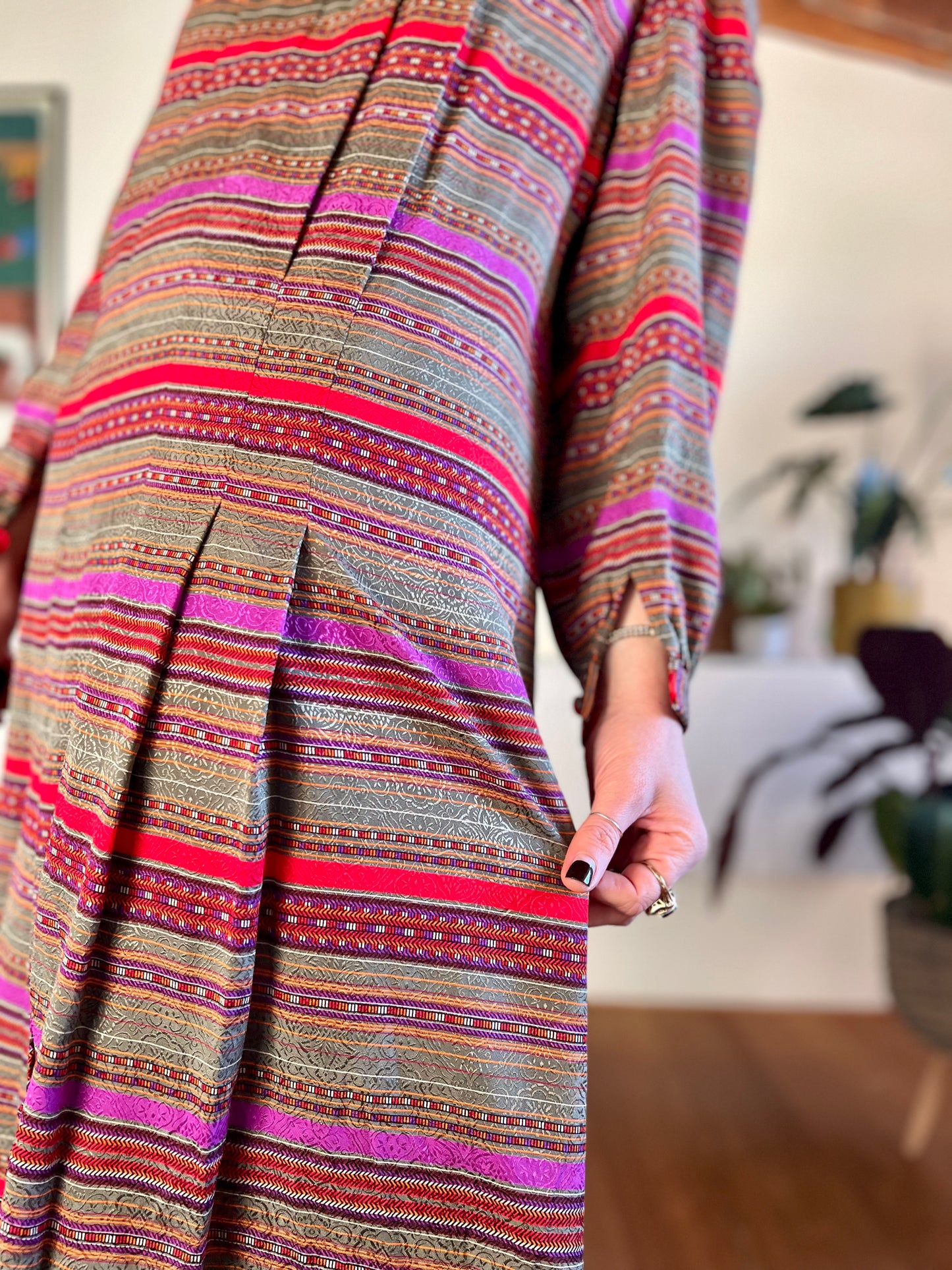 1970's vintage red, purple, khaki and burgundy stripe pleated midi dress