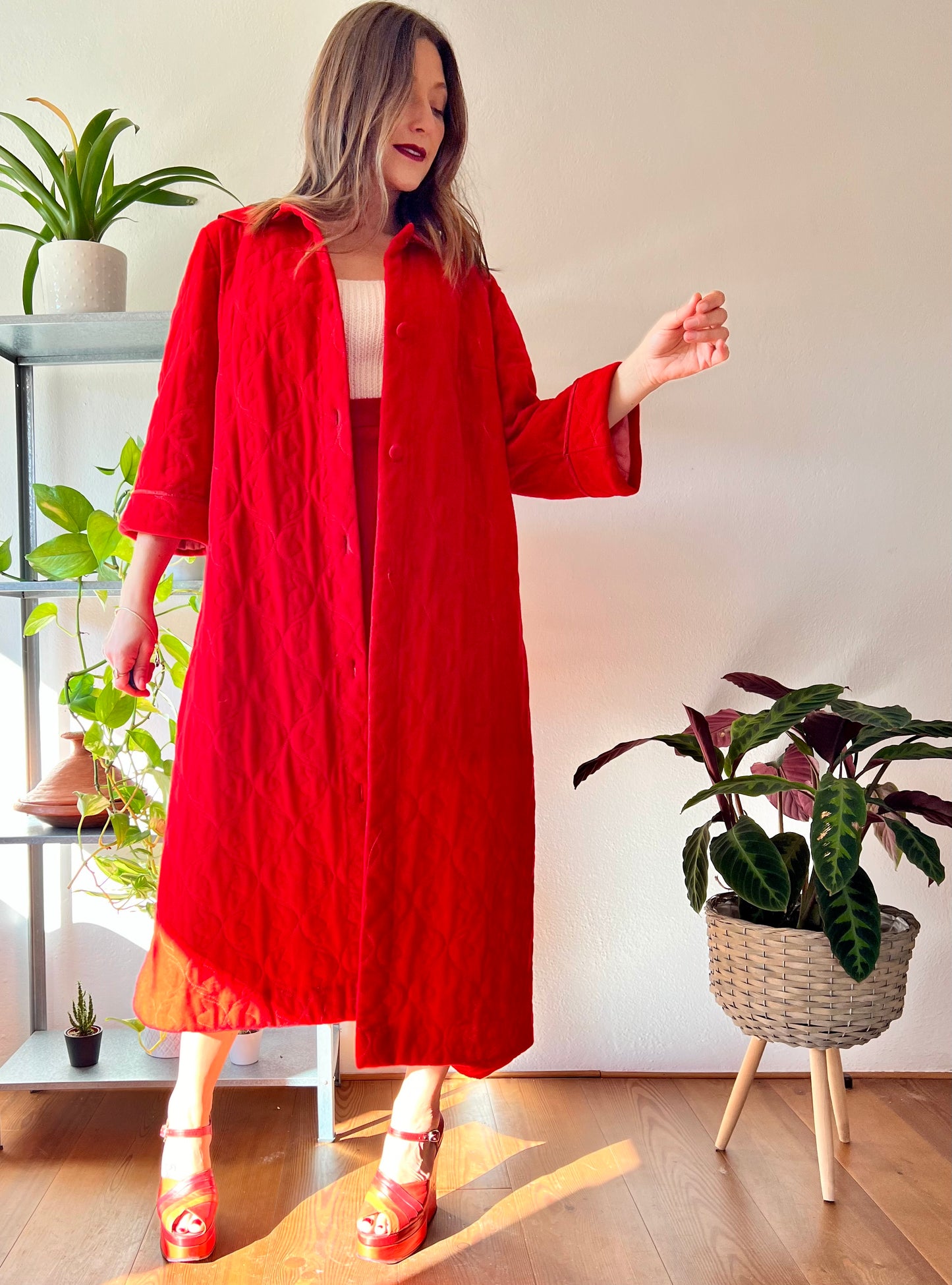 1960's vintage cherry red fleece quilted robe