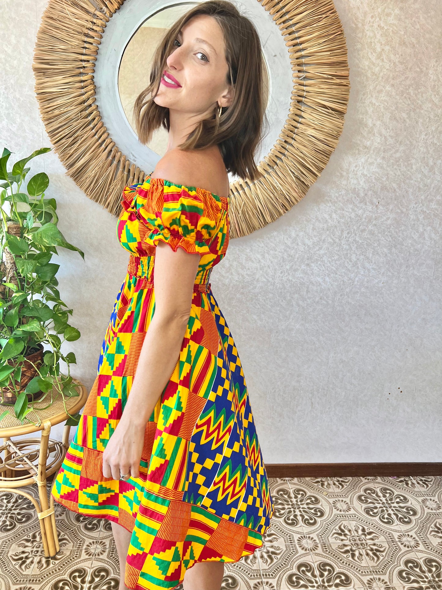 1970's vintage multicolor abstract print off the shoulder mini dress