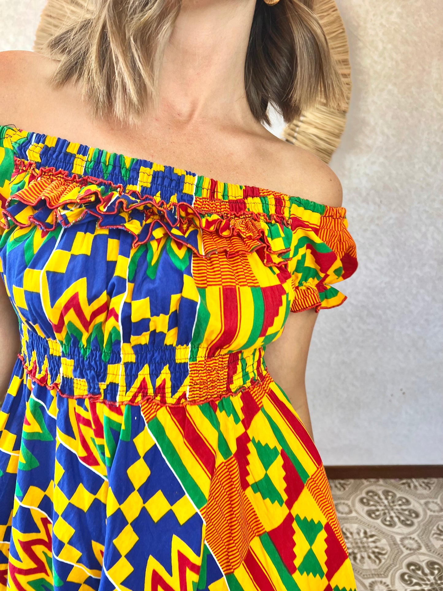 1970's vintage multicolor abstract print off the shoulder mini dress