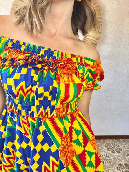 1970's vintage multicolor abstract print off the shoulder mini dress