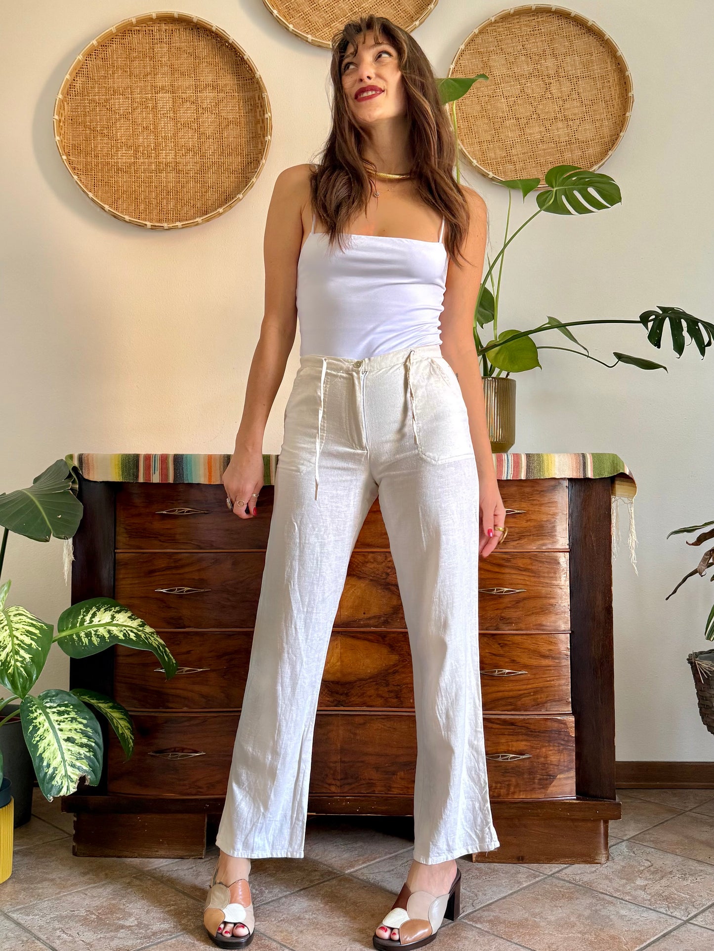 1990's vintage cream linen wide leg trousers