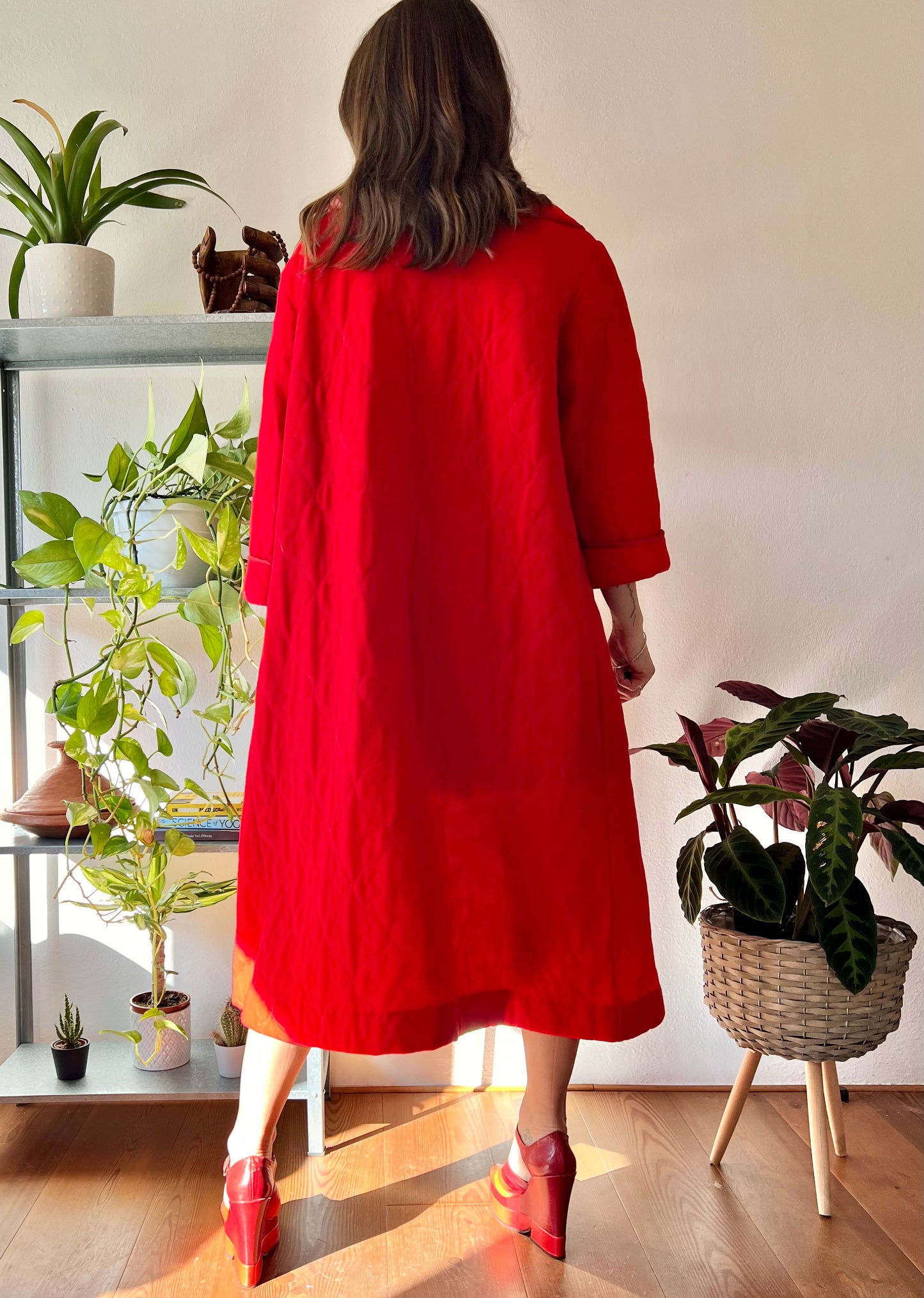 1960's vintage cherry red fleece quilted robe