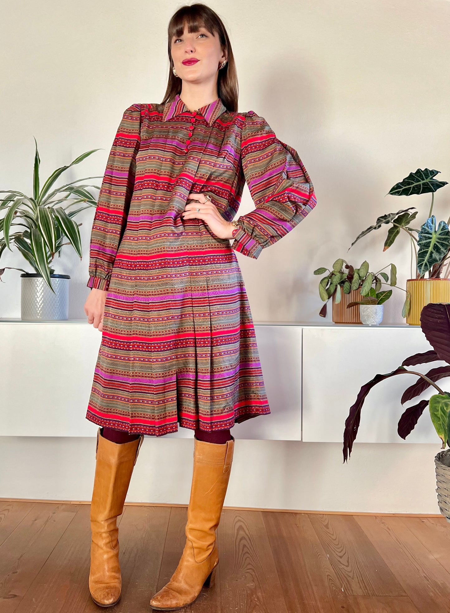 1970's vintage red, purple, khaki and burgundy stripe pleated midi dress