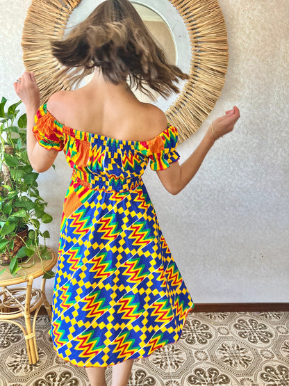 1970's vintage multicolor abstract print off the shoulder mini dress