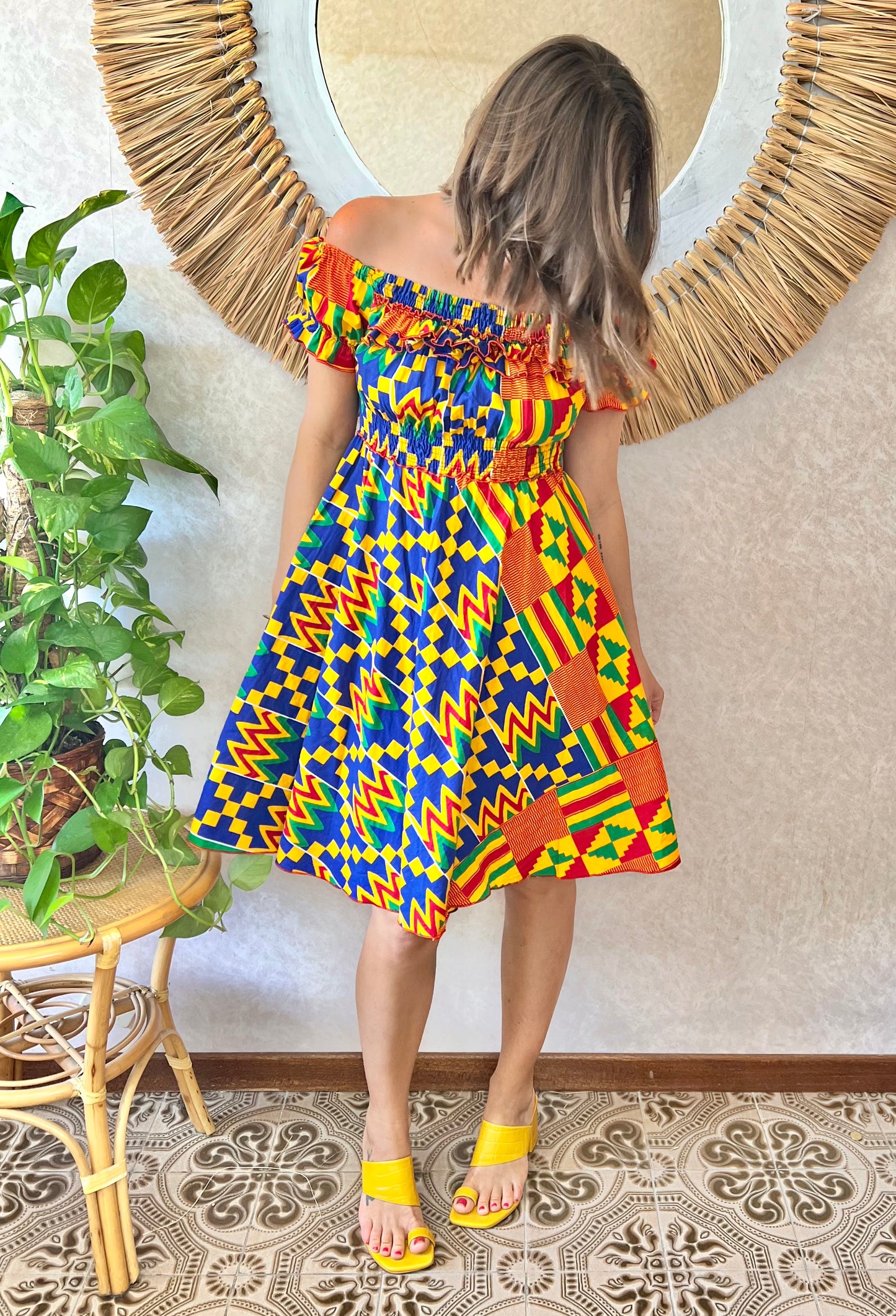 1970's vintage multicolor abstract print off the shoulder mini dress