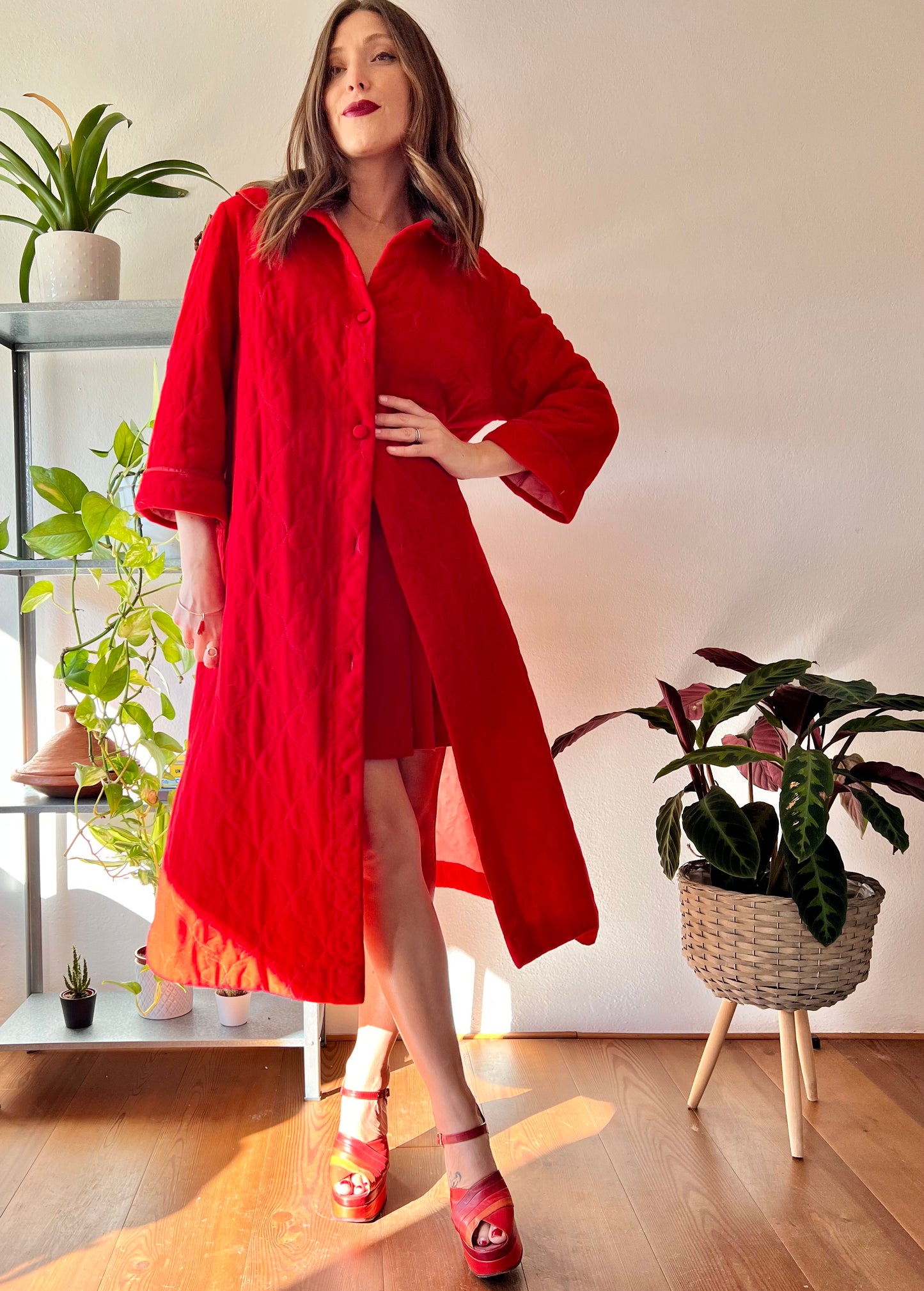 1960's vintage cherry red fleece quilted robe