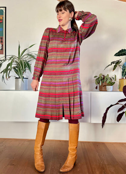 1970's vintage red, purple, khaki and burgundy stripe pleated midi dress