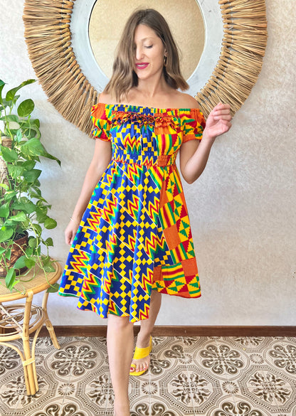 1970's vintage multicolor abstract print off the shoulder mini dress