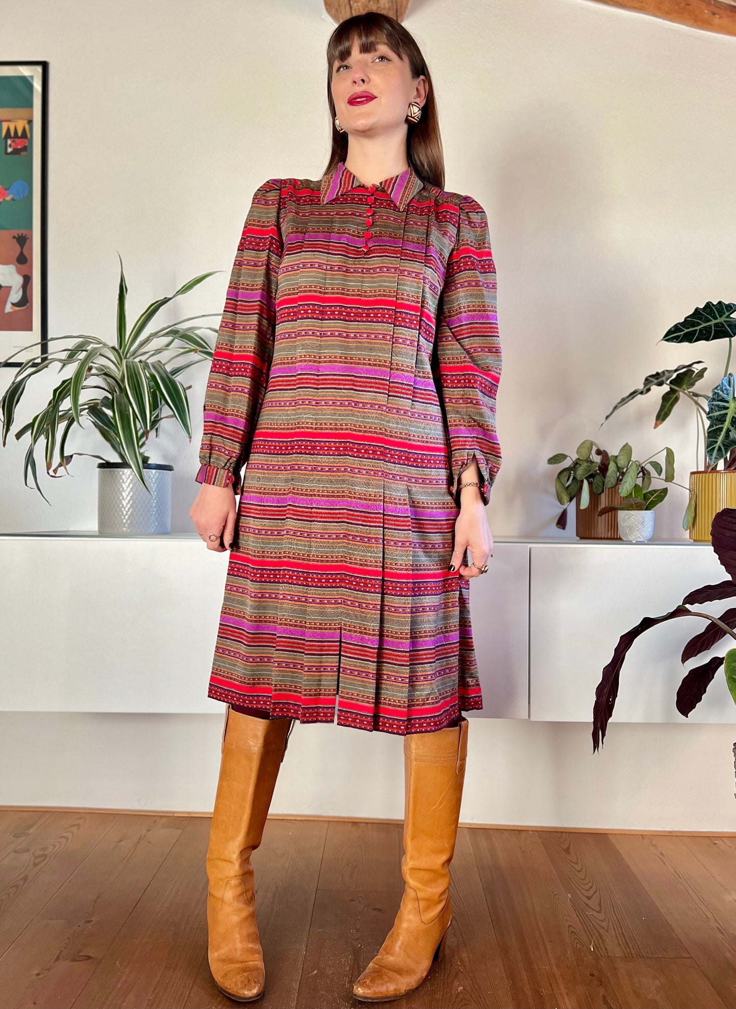 1970's vintage red, purple, khaki and burgundy stripe pleated midi dress