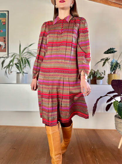 1970's vintage red, purple, khaki and burgundy stripe pleated midi dress