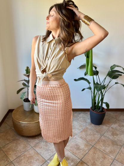Salmon pink textured weave satin midi skirt