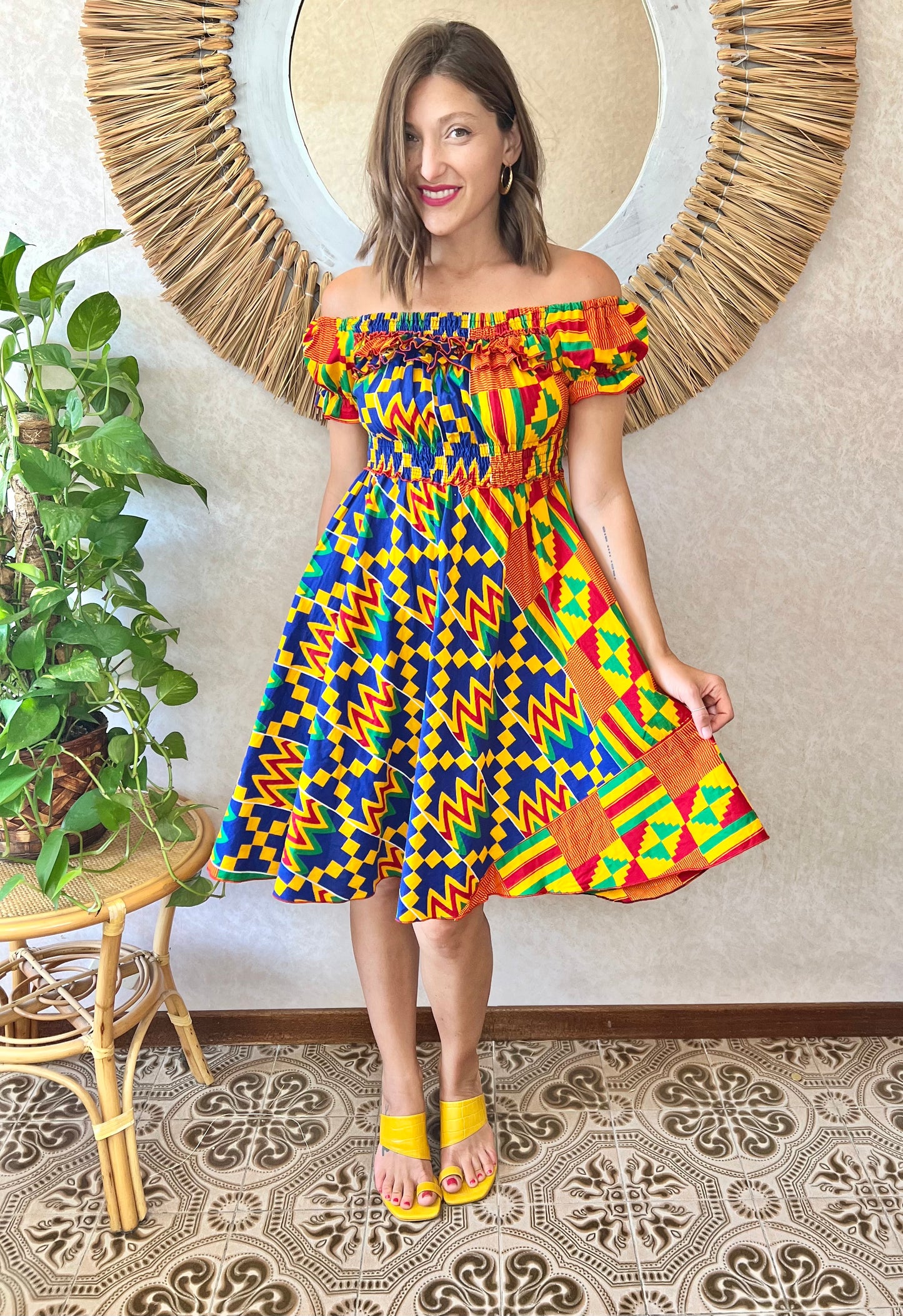 1970's vintage multicolor abstract print off the shoulder mini dress