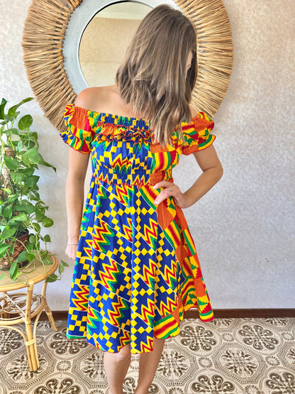 1970's vintage multicolor abstract print off the shoulder mini dress