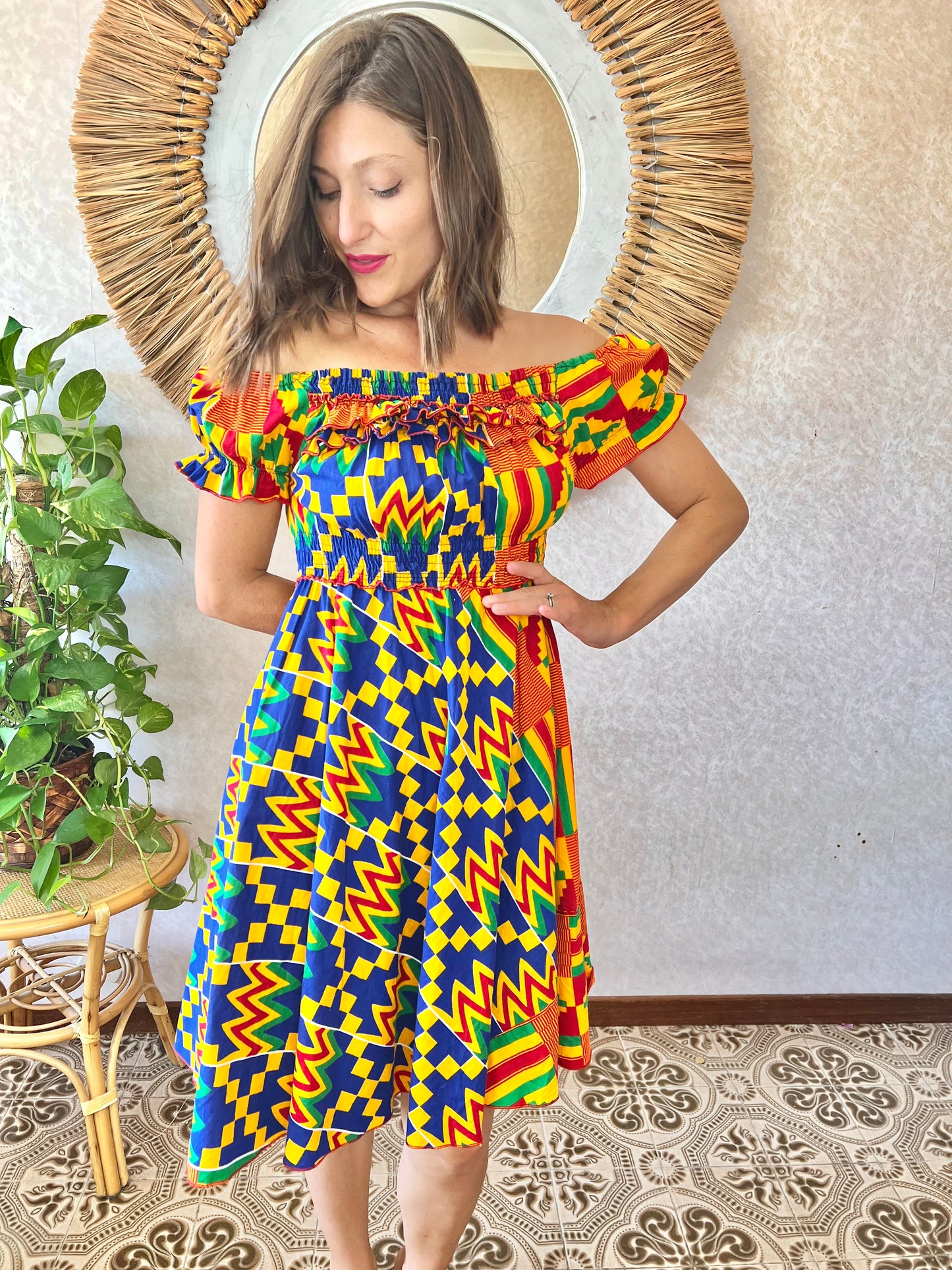 1970's vintage multicolor abstract print off the shoulder mini dress