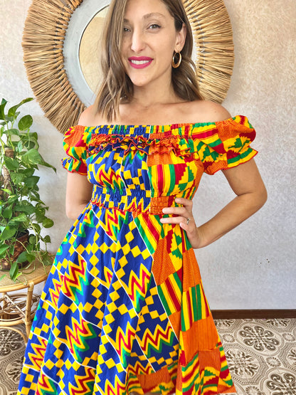 1970's vintage multicolor abstract print off the shoulder mini dress