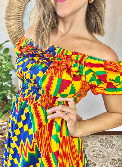 1970's vintage multicolor abstract print off the shoulder mini dress