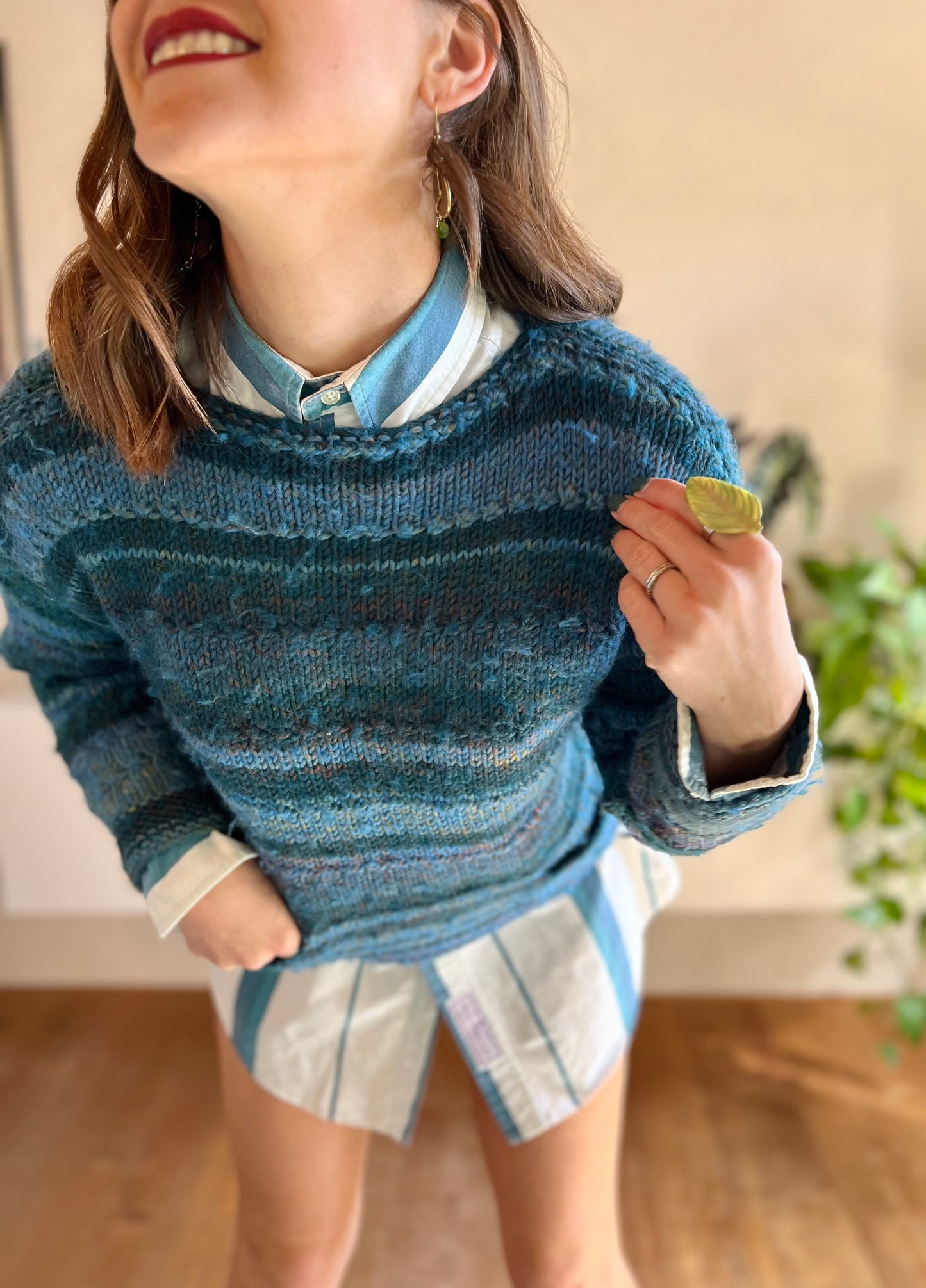 1970's vintage hand knit turquoise and blue pullover