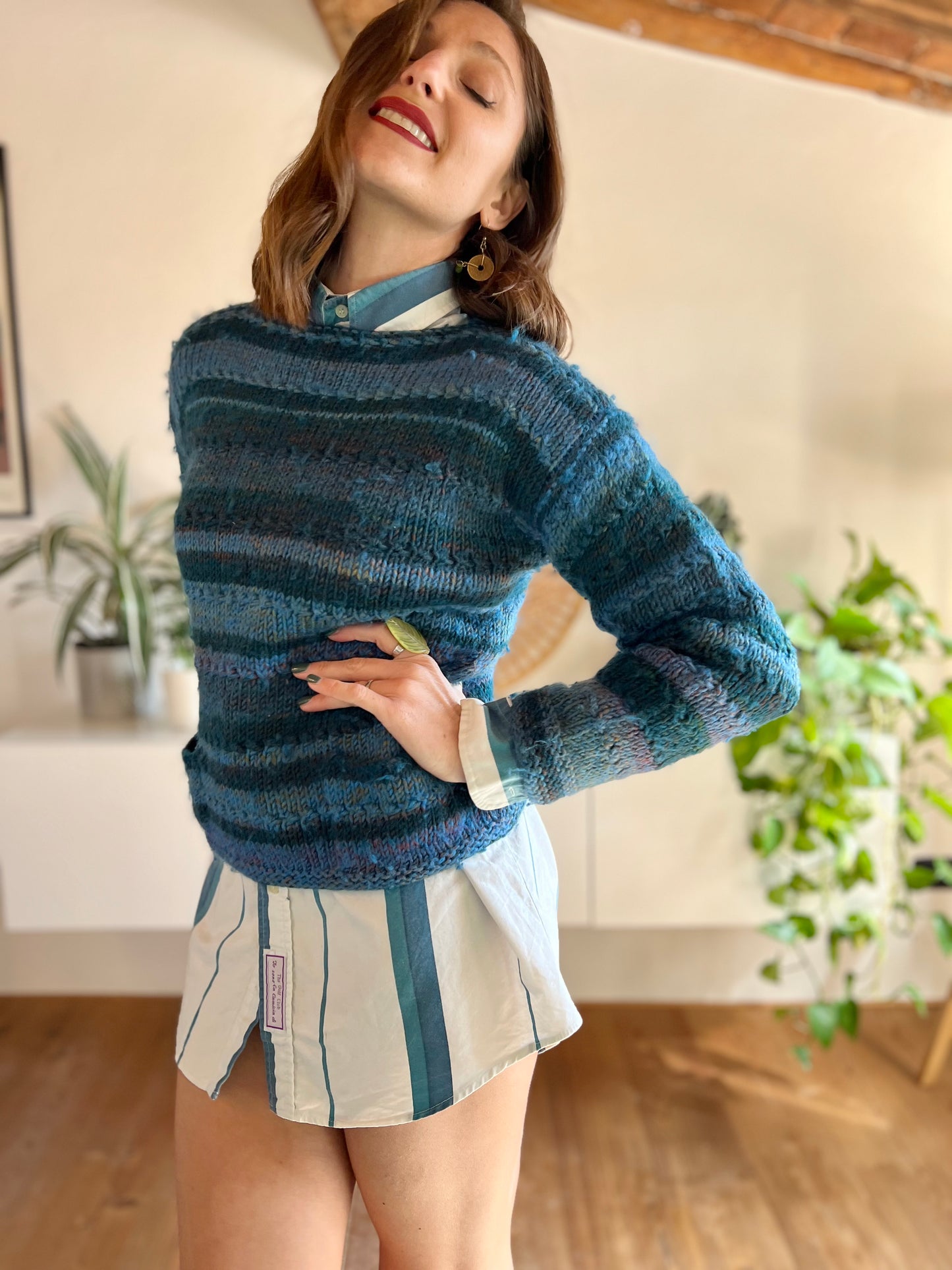 1970's vintage hand knit turquoise and blue pullover