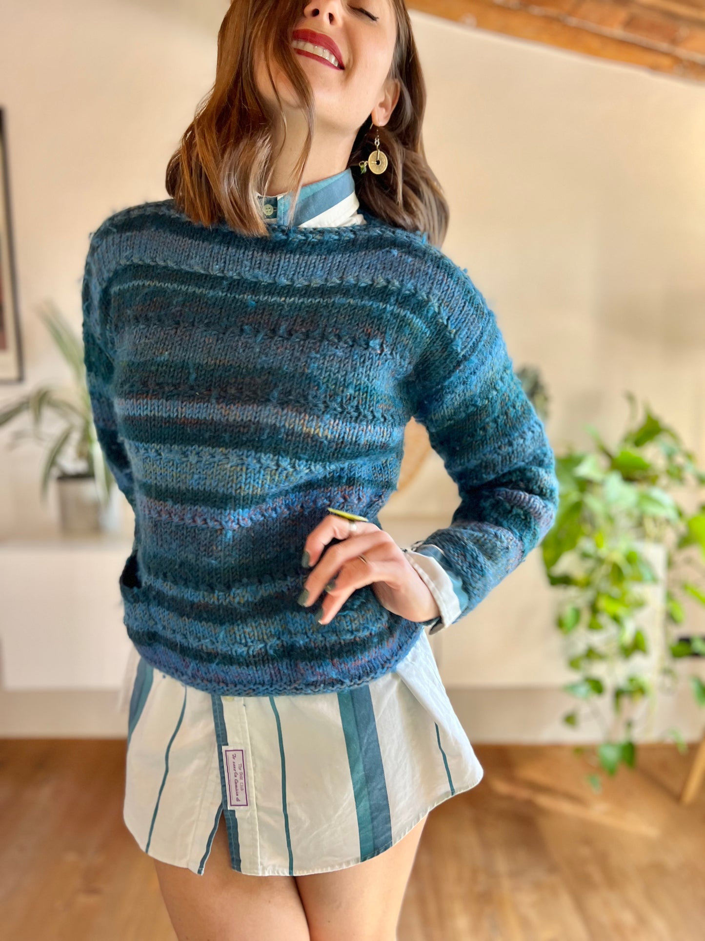 1970's vintage hand knit turquoise and blue pullover