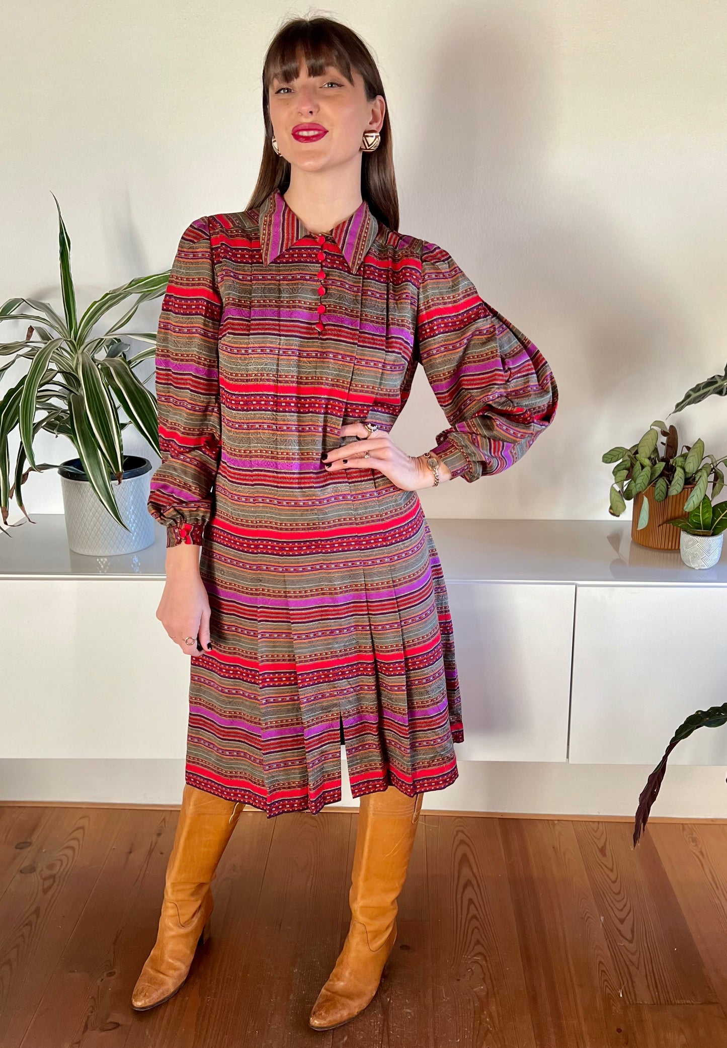 1970's vintage red, purple, khaki and burgundy stripe pleated midi dress