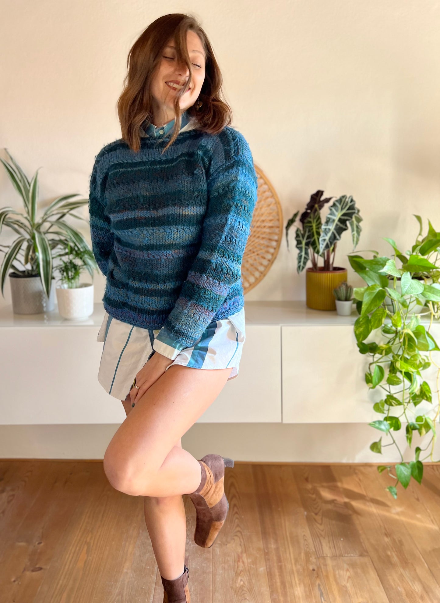 1970's vintage hand knit turquoise and blue pullover