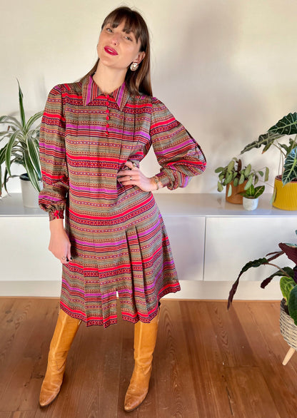 1970's vintage red, purple, khaki and burgundy stripe pleated midi dress