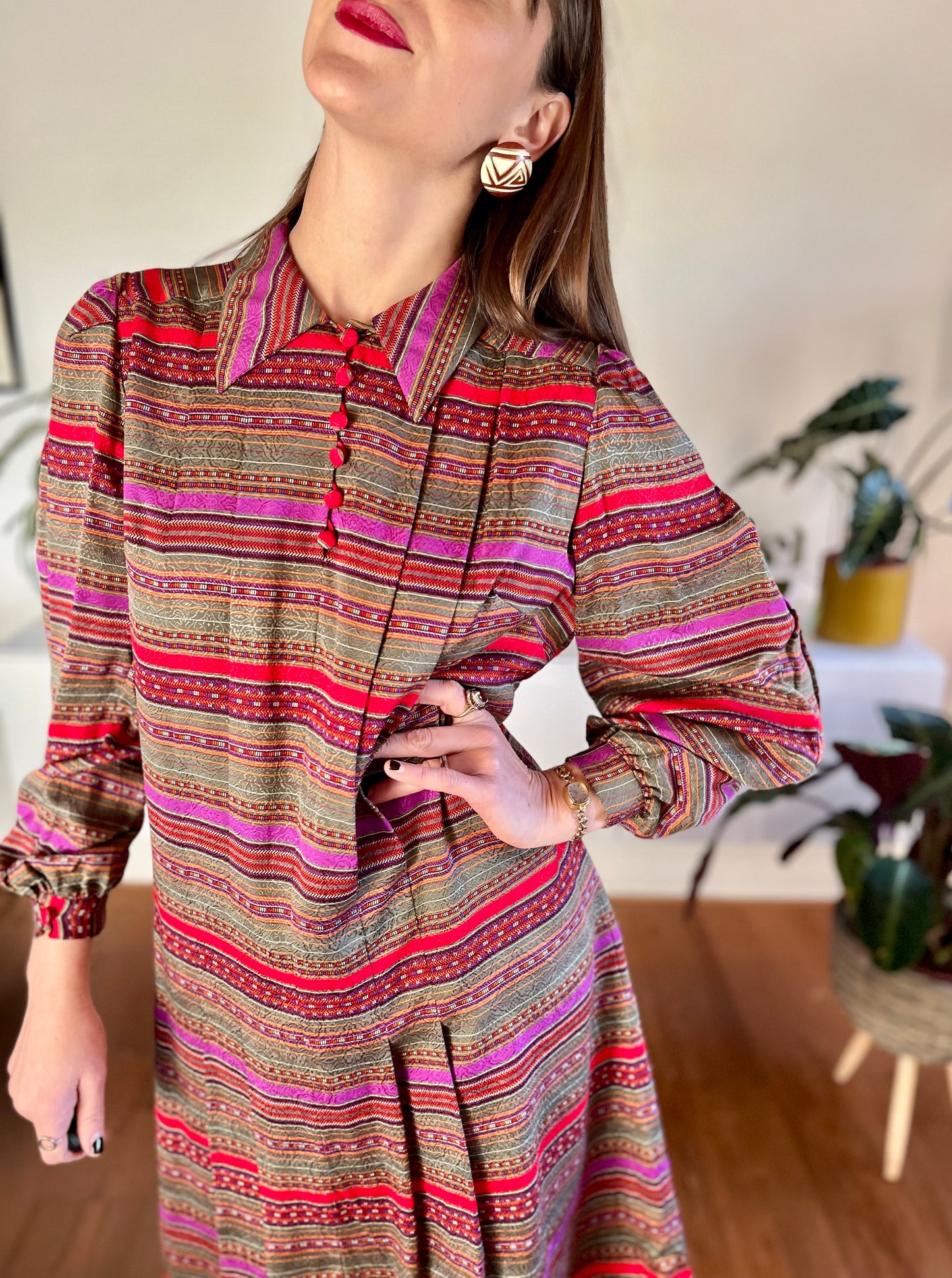 1970's vintage red, purple, khaki and burgundy stripe pleated midi dress