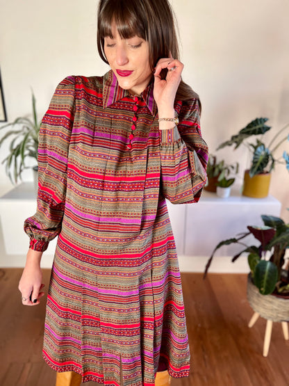 1970's vintage red, purple, khaki and burgundy stripe pleated midi dress