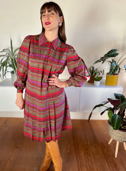 1970's vintage red, purple, khaki and burgundy stripe pleated midi dress