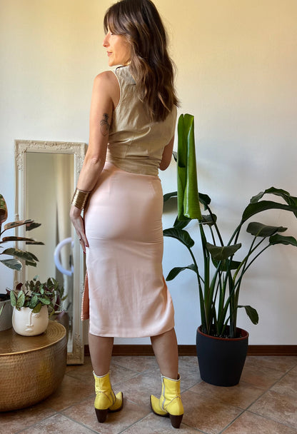 Salmon pink textured weave satin midi skirt