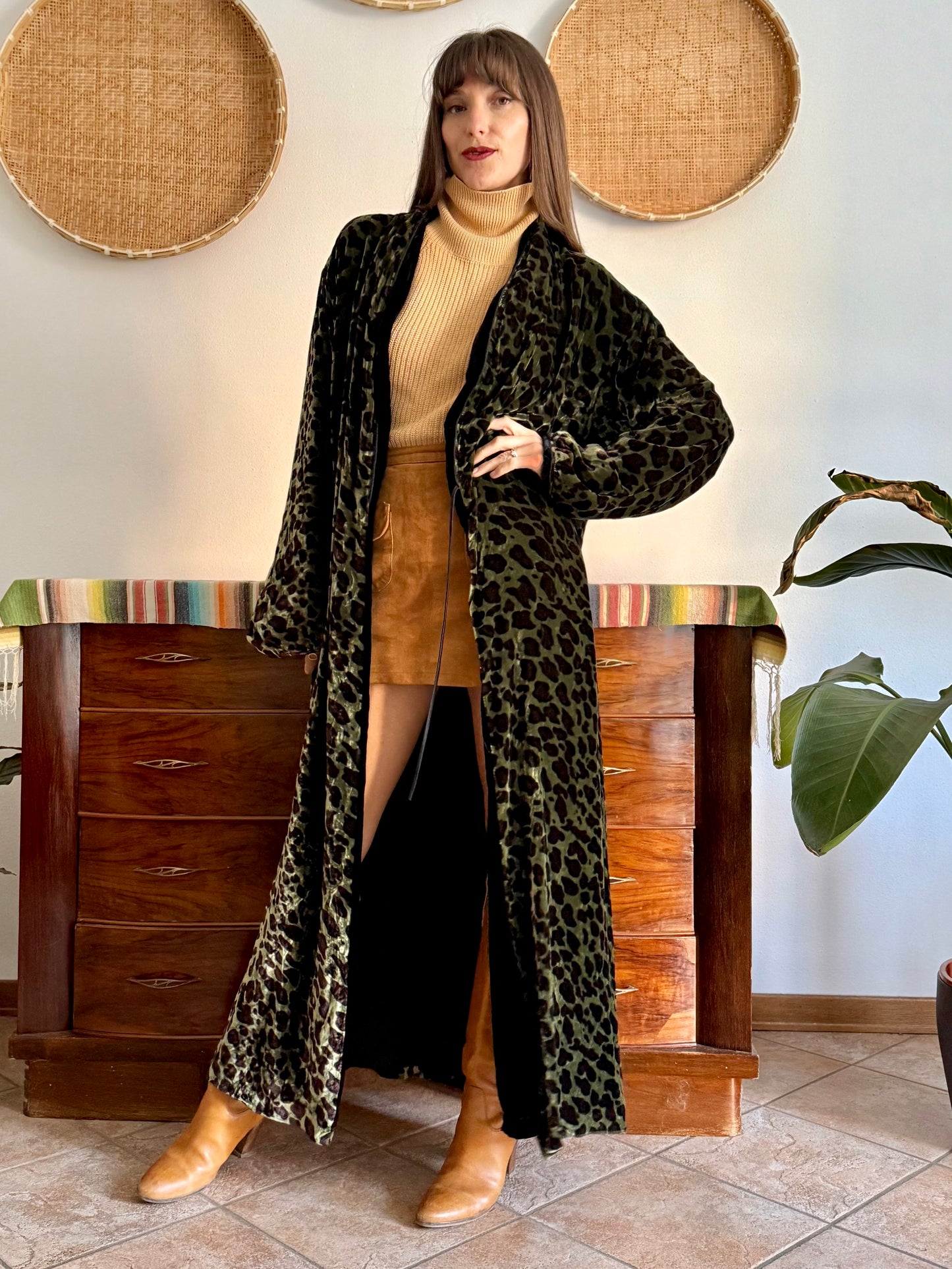 1970's vintage green and chocolate brown animal print velvet kimono
