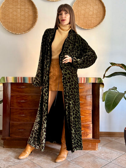 1970's vintage green and chocolate brown animal print velvet kimono