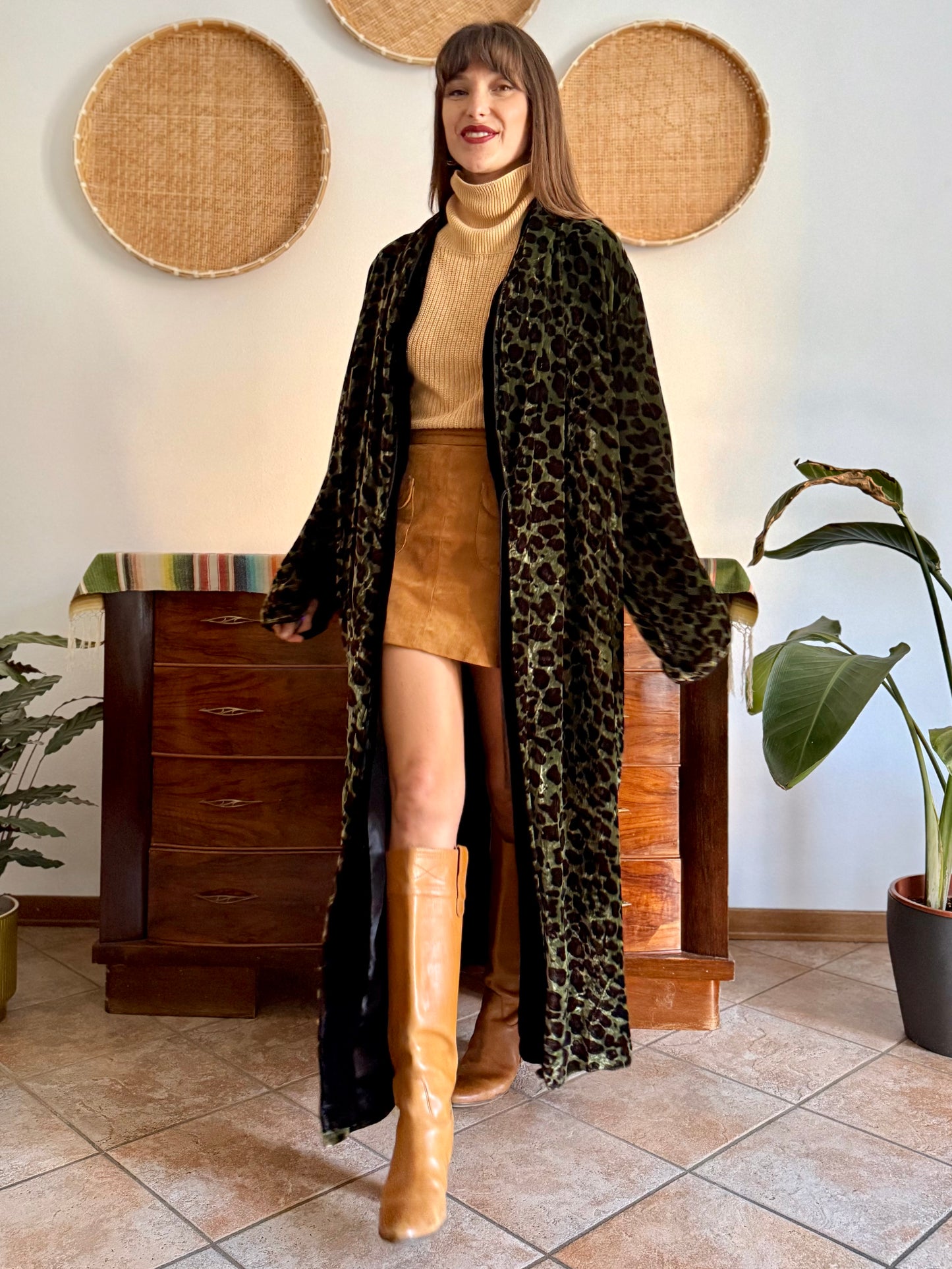 1970's vintage green and chocolate brown animal print velvet kimono