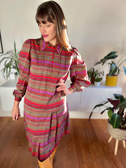 1970's vintage red, purple, khaki and burgundy stripe pleated midi dress