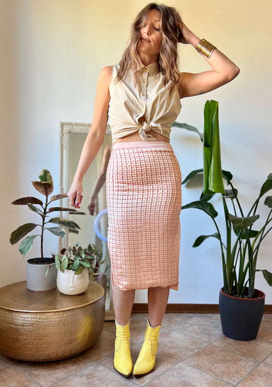 Salmon pink textured weave satin midi skirt