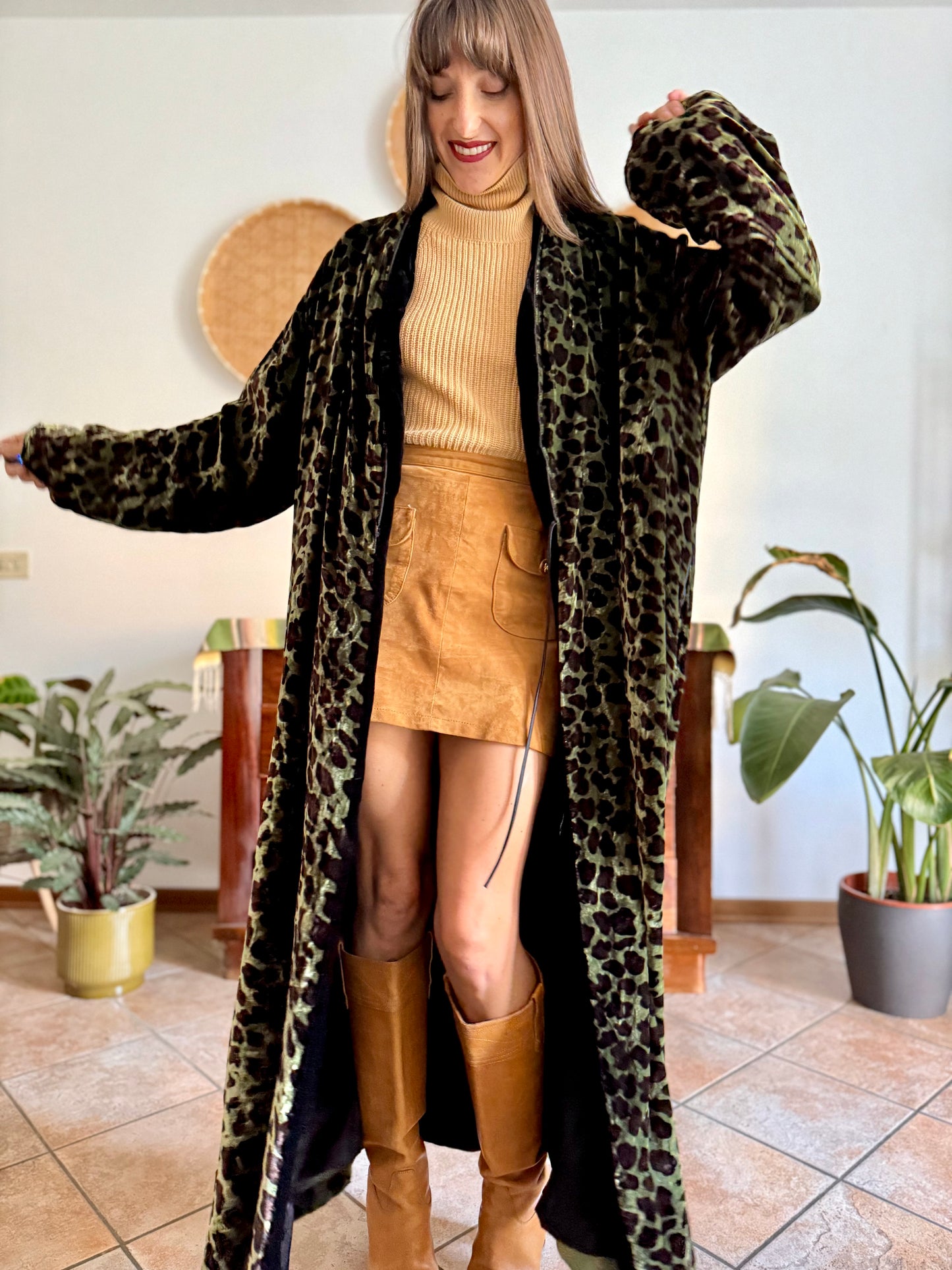 1970's vintage green and chocolate brown animal print velvet kimono