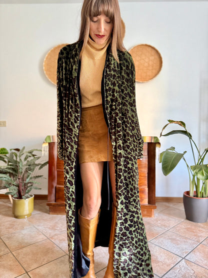 1970's vintage green and chocolate brown animal print velvet kimono