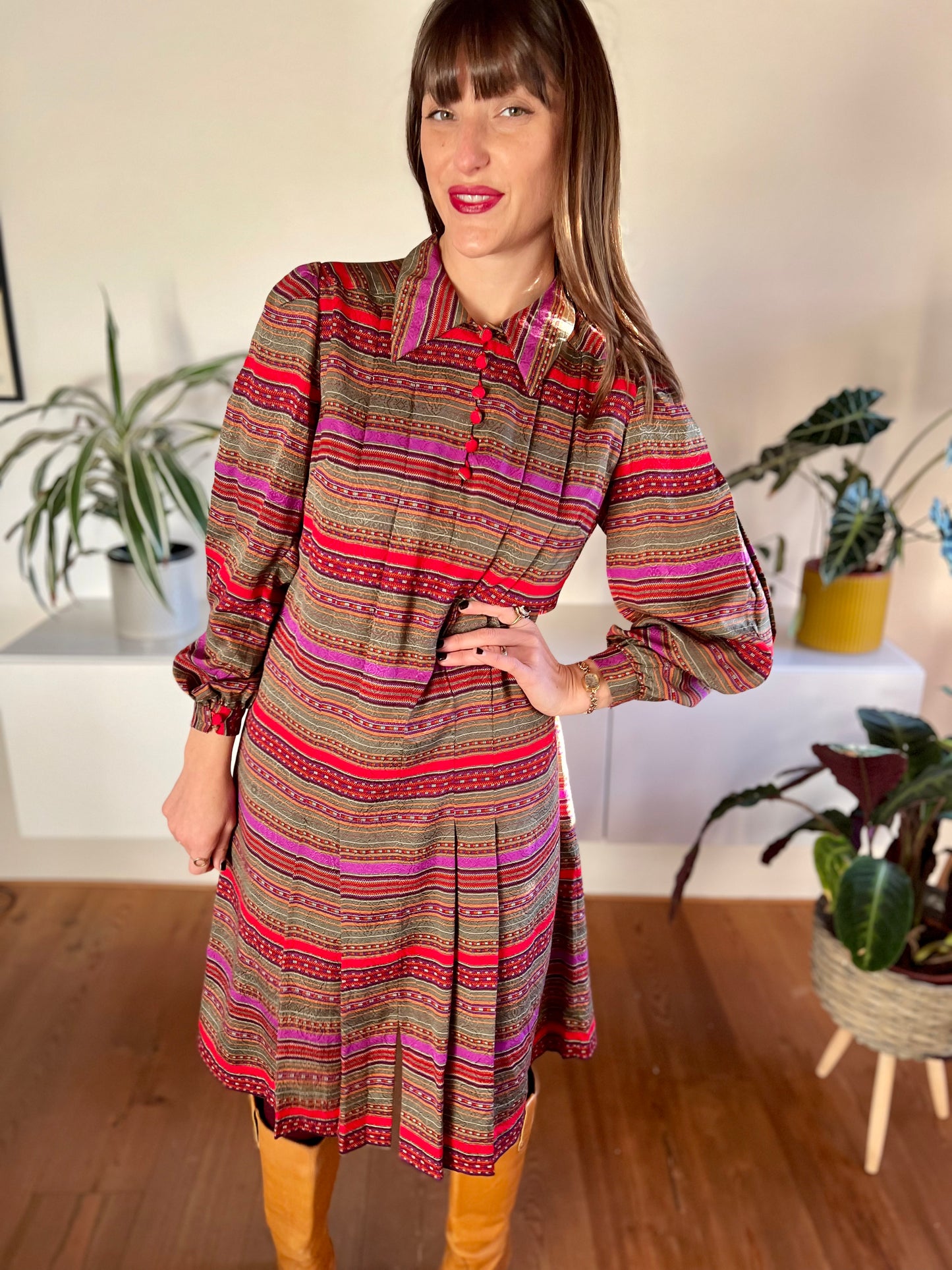 1970's vintage red, purple, khaki and burgundy stripe pleated midi dress