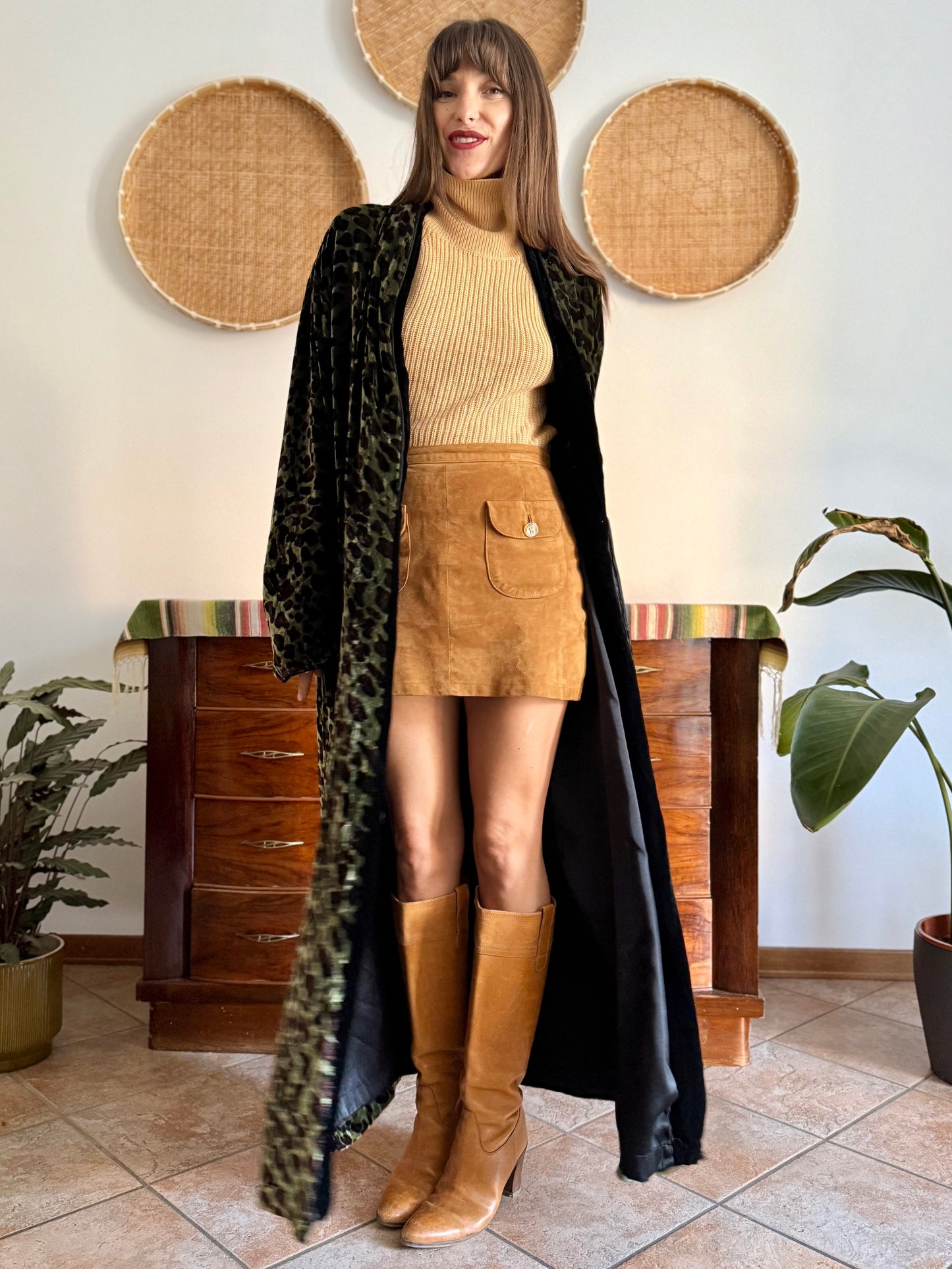 1970's vintage green and chocolate brown animal print velvet kimono