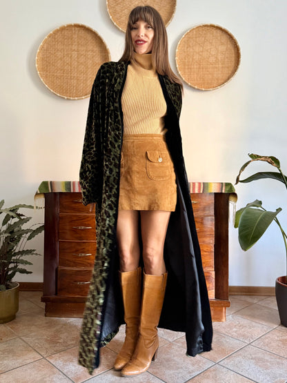1970's vintage green and chocolate brown animal print velvet kimono